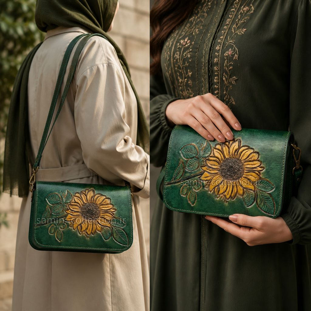 کیف چرم زنانه دست دوز طبیعی رنگ آمیزی شده سبز گل برجسته حکاکی قلم زنی شده در تبریز