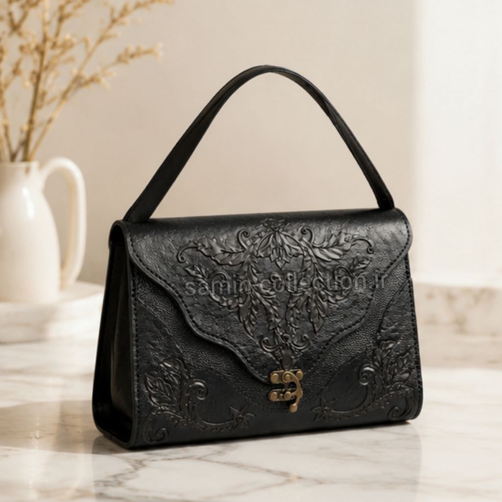 کیف چرم طبیعی زنانه دست دوز اصل تبریز قلم کاری و حکاکی شده (کد 136 )