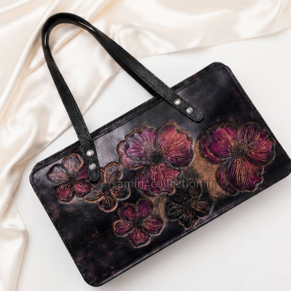کیف زنانه چرمی لاکچری مجلسی دست دوز چرم طبیعی اصل تبریز قلم زنی شده ( کد 102 )